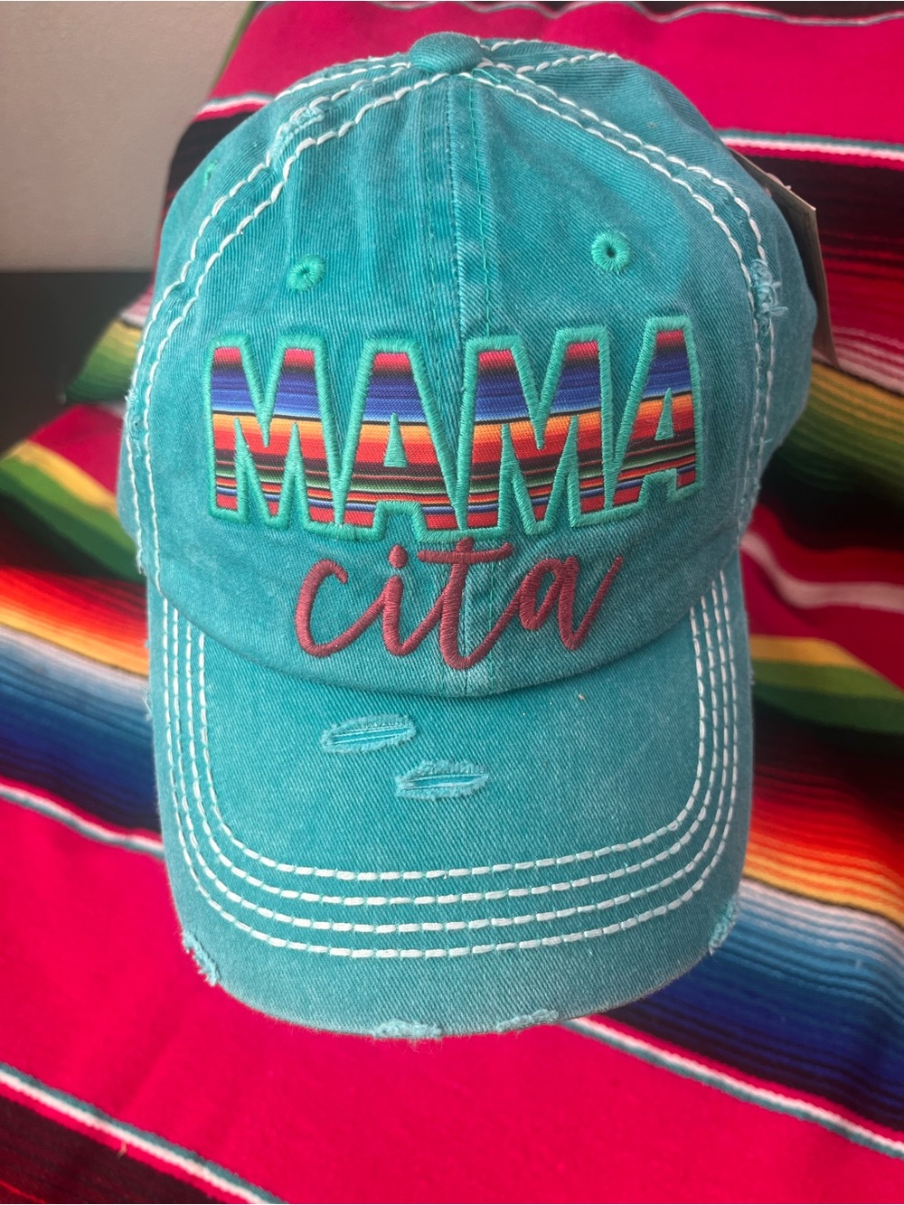Teal 'MAMA cita”' Embroidered Distressed Baseball Cap